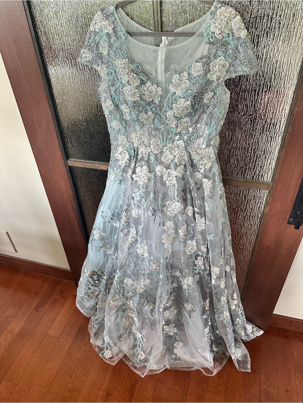 Mac Duggal Steel Blue and Silver Floral Embroidered Maxi Gown - Picture 8 of 14